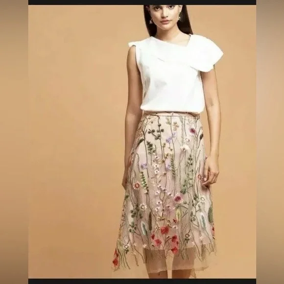Eva Franco Nude Midi Skirt with Multicolor Floral Embroidery - Picture 1 of 3